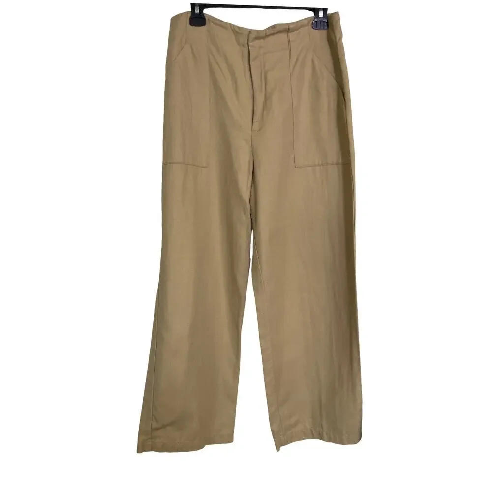 Zara Women’s Cotton Linen Wide Leg Trousers Khaki Tan Size Large High Rise
